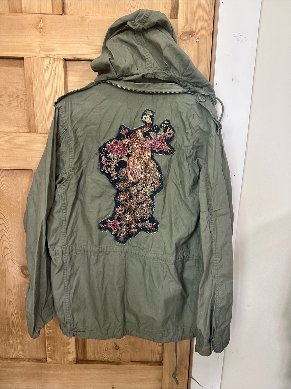 Olive Green Hooded Utility Jacket with Embroidered Peacock